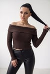Kadın Kahverengi Madonna Yarı Crop Fitilli Bluz Kazak