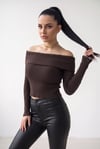 Kadın Kahverengi Madonna Yarı Crop Fitilli Bluz Kazak