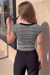 Kadın Kalın Çizgili Siyah-Beyaz U Yaka Kısa Kollu Fitilli Kaşkorse Body T-Shirt