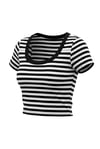 Kadın Kalın Çizgili Siyah-Beyaz U Yaka Kısa Kollu Fitilli Kaşkorse Body T-Shirt