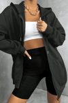 Kadin Kapüşonlu Antrasit Fermuarlı 3 Üç İplik Polar Kanguru Oversize Sweatshirt Zip Up Hoodie