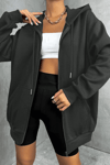 Kadin Kapüşonlu Antrasit Fermuarlı 3 Üç İplik Polar Kanguru Oversize Sweatshirt Zip Up Hoodie