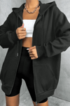 Kadin Kapüşonlu Antrasit Fermuarlı 3 Üç İplik Polar Kanguru Oversize Sweatshirt Zip Up Hoodie