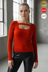 Kadın Kiremit U Yaka Bant Detaylı Uzun Kollu Fitilli Extra Soft Yumuşak Bluz Body