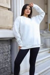 Kadın Kırık Beyaz Basic 0 Sıfır Yaka Baskısız Düz Oversize Salaş Bol Kesim Polar Sweatshirt