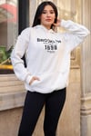 Kadın Kırık Beyaz Krem Ekru 1898 Baskılı 3 iplik Şardonlu Kapüşonlu Oversize Salaş Bol Kesim Hoodie Sweatshirt