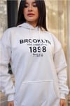 Kadın Kırık Beyaz Krem Ekru 1898 Baskılı 3 iplik Şardonlu Kapüşonlu Oversize Salaş Bol Kesim Hoodie Sweatshirt