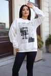 Kadın Kırık Beyaz Krem Ekru 1997 Baskılı 0 Sıfır Yaka Oversize Salaş Bol Kesim Polar Sweatshirt