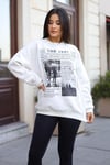Kadın Kırık Beyaz Krem Ekru 1997 Baskılı 0 Sıfır Yaka Oversize Salaş Bol Kesim Polar Sweatshirt