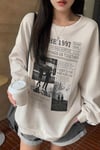 Kadın Kırık Beyaz Krem Ekru 1997 Baskılı 0 Sıfır Yaka Oversize Salaş Bol Kesim Polar Sweatshirt