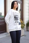 Kadın Kırık Beyaz Krem Ekru 1997 Baskılı 0 Sıfır Yaka Oversize Salaş Bol Kesim Polar Sweatshirt
