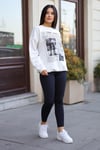 Kadın Kırık Beyaz Krem Ekru 1997 Baskılı 0 Sıfır Yaka Oversize Salaş Bol Kesim Polar Sweatshirt