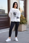Kadın Kırık Beyaz Krem Ekru 1997 Baskılı 0 Sıfır Yaka Oversize Salaş Bol Kesim Polar Sweatshirt