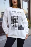 Kadın Kırık Beyaz Krem Ekru 1997 Baskılı 0 Sıfır Yaka Oversize Salaş Bol Kesim Polar Sweatshirt