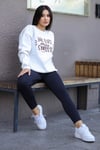 Kadın Kırık Beyaz Krem Ekru But First Coffee Baskılı 0 Sıfır Yaka Oversize Salaş Bol Kesim Polar Sweatshirt