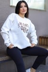 Kadın Kırık Beyaz Krem Ekru But First Coffee Baskılı 0 Sıfır Yaka Oversize Salaş Bol Kesim Polar Sweatshirt