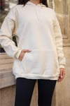 Kadın Kırık Beyaz Krem Ekru Düz Kapüşonlu Oversize 3 iplik Şardonlu Salaş Bol Kesim Hoodie Sweatshirt