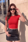 Kadın Kırmızı Bisiklet Yaka Kısa Kollu Fitilli Kaşkorse Crop Bluz