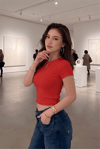 Kadın Kırmızı Bisiklet Yaka Kısa Kollu Fitilli Kaşkorse Crop Bluz