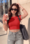 Kadın Kırmızı Bisiklet Yaka Kısa Kollu Fitilli Kaşkorse Crop Bluz