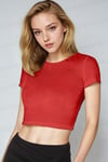 Kadın Kırmızı Bisiklet Yaka Kısa Kollu Fitilli Kaşkorse Crop Bluz