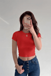 Kadın Kırmızı Bisiklet Yaka Kısa Kollu Fitilli Kaşkorse Crop Bluz