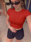 Kadın Kırmızı Bisiklet Yaka Likralı Kısa Kol Body Crop Bluz