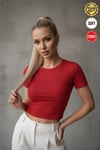 Kadın Kırmızı Bisiklet Yaka Likralı Kısa Kol Body Crop Bluz