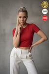 Kadın Kırmızı Bisiklet Yaka Likralı Kısa Kol Body Crop Bluz