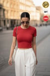 Kadın Kırmızı Bisiklet Yaka Likralı Kısa Kol Body Crop T-Shirt