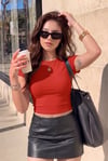 Kadın Kırmızı Bisiklet Yaka Likralı Kısa Kol Body Crop T-Shirt