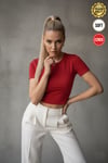 Kadın Kırmızı Bisiklet Yaka Likralı Kısa Kol Body Crop Bluz