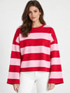 Kadın Kırmızı Pembe Geniş Kol Geniş Çizgili Oversize İki İplik Sweatshirt