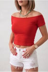 Kadın Kırmızı Renkli Kayık Yaka Vücuda Oturan Basic Esnek Crop Bluz