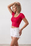 Kadın Kırmızı Renkli U Yaka Likralı Düz Basic Kısa Kollu Crop Bluz