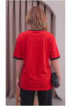 Kadın Kırmızı Siyah Biye Garnili Orta Kalın Soft Kumaş Bisiklet Yaka Yarım Oversize Salaş T-shirt