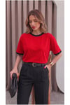 Kadın Kırmızı Siyah Biye Garnili Orta Kalın Soft Kumaş Bisiklet Yaka Yarım Oversize Salaş T-shirt