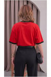 Kadın Kırmızı Siyah Biye Garnili Orta Kalın Soft Kumaş Bisiklet Yaka Yarım Oversize Salaş T-shirt
