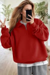 Kadın Kırmızı Yarım Fermuar Polo Yaka 3 İplik İçi Polarlı Şardonlu Oversize Sweatshirt