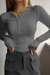 Kadın Koyu Gri Düğme Detaylı Patlı Düğmeli Bisiklet Yaka Uzun Kollu Fitilli Kaşkorse Bluz Body