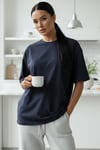 Kadın Lacivert Basic Düz Baskısız Oversize Salas T-Shirt