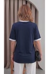 Kadın Lacivert Beyaz Biye Garnili Orta Kalın Kumaş Bisiklet Yaka Yarım Oversize Salaş T-shirt