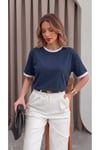 Kadın Lacivert Beyaz Biye Garnili Orta Kalın Kumaş Bisiklet Yaka Yarım Oversize Salaş T-shirt