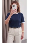 Kadın Lacivert Beyaz Biye Garnili Orta Kalın Kumaş Bisiklet Yaka Yarım Oversize Salaş T-shirt