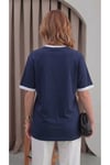Kadın Lacivert Beyaz Biye Garnili Orta Kalın Kumaş Bisiklet Yaka Yarım Oversize Salaş T-shirt