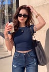 Kadın Lacivert Bisiklet Yaka Likralı Kısa Kol Body Crop Bluz