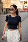 Kadın Lacivert Bisiklet Yaka Likralı Kısa Kol Body Crop T-Shirt