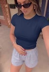 Kadın Lacivert Bisiklet Yaka Likralı Kısa Kol Body Crop T-Shirt