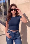 Kadın Lacivert Bisiklet Yaka Likralı Kısa Kol Body Crop Bluz