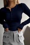 Kadın Lacivert Düğme Detaylı Patlı Düğmeli Bisiklet Yaka Uzun Kollu Fitilli Kaşkorse Bluz Body